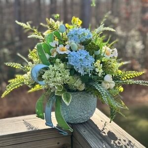 Blue and Green Hydrangea Floral Arrangement